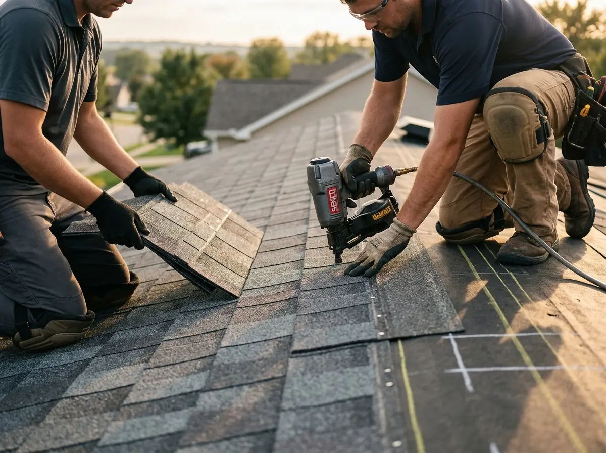 Professional roofer working on a residential roof in Lockwood